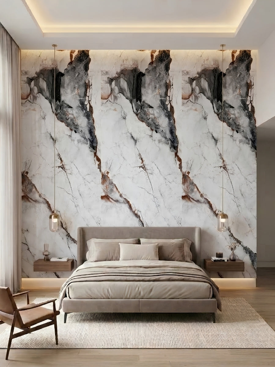 Bedroom accent wall finished with white marble-look PVC panels featuring gray and brown veins