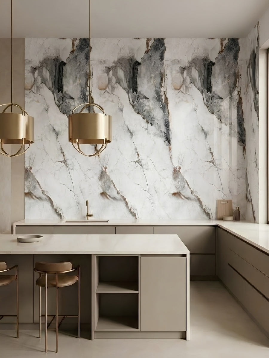 Modern kitchen backsplash wall covered in white marble-look PVC panels with gray and brown veining