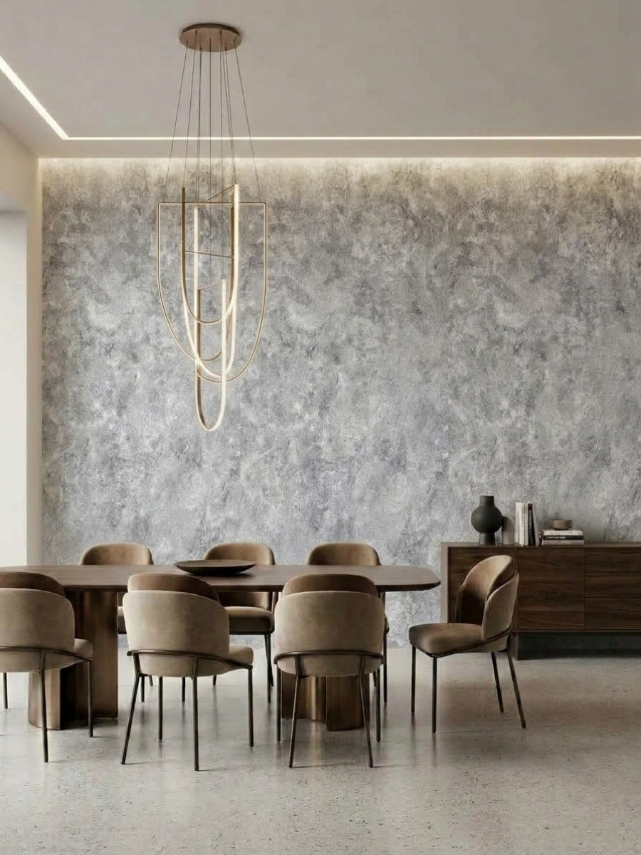 Gray rough-texture PVC panels covering a modern dining room feature wall