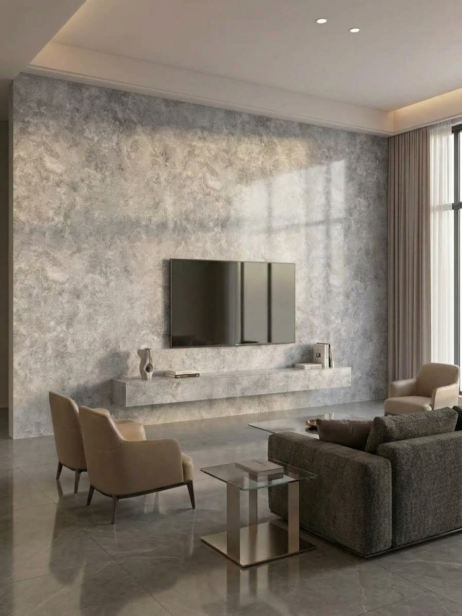 Gray stone-look PVC panel feature wall behind a television in a contemporary living room