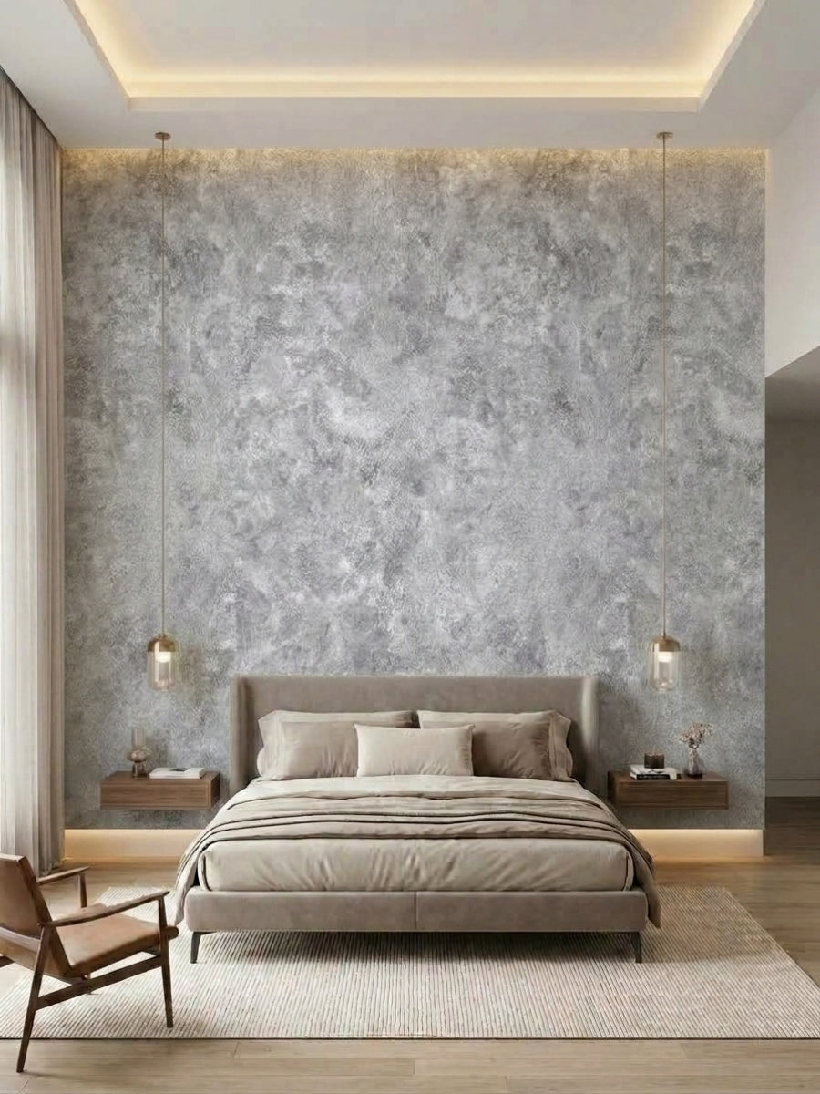 Mottled gray rough-texture PVC panels installed as a floor-to-ceiling bedroom accent wall