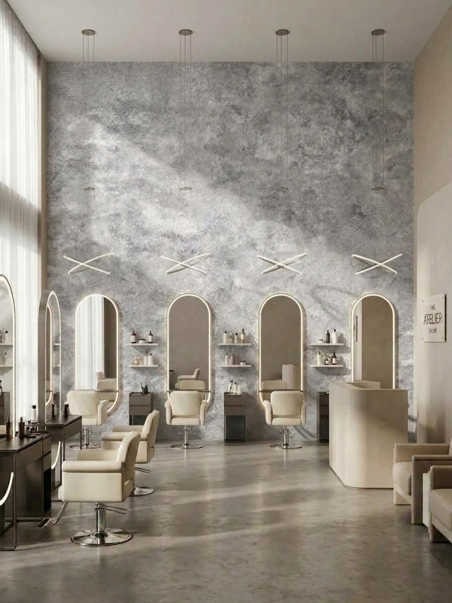 Gray stone-look PVC panel wall with arched mirrors in a modern hair salon