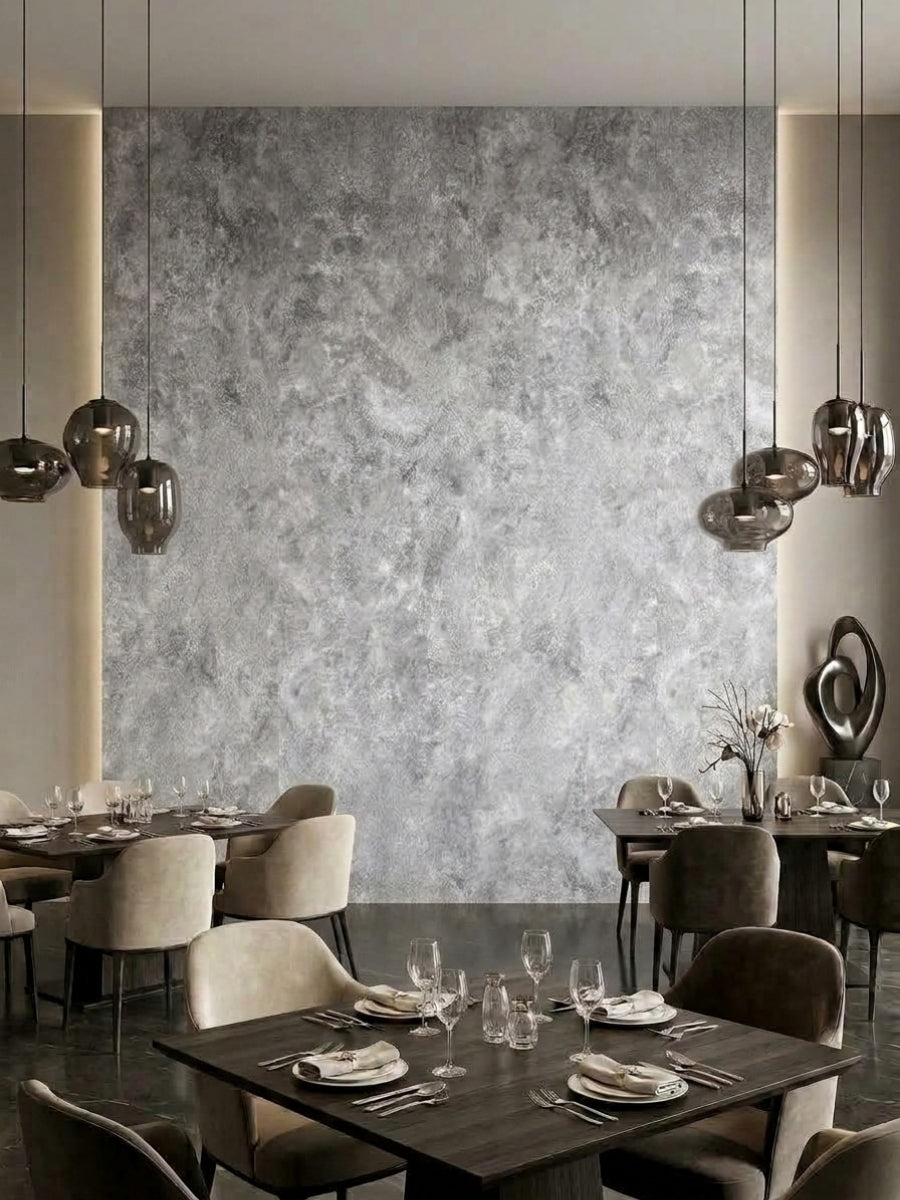 Large gray rough-texture PVC panel feature wall in a contemporary restaurant dining area