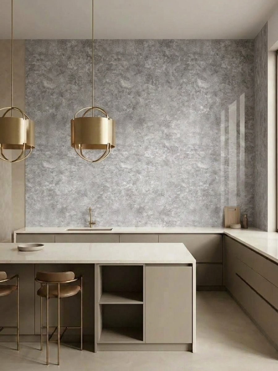 Gray stone-look PVC panels installed as a textured backsplash wall in a modern kitchen