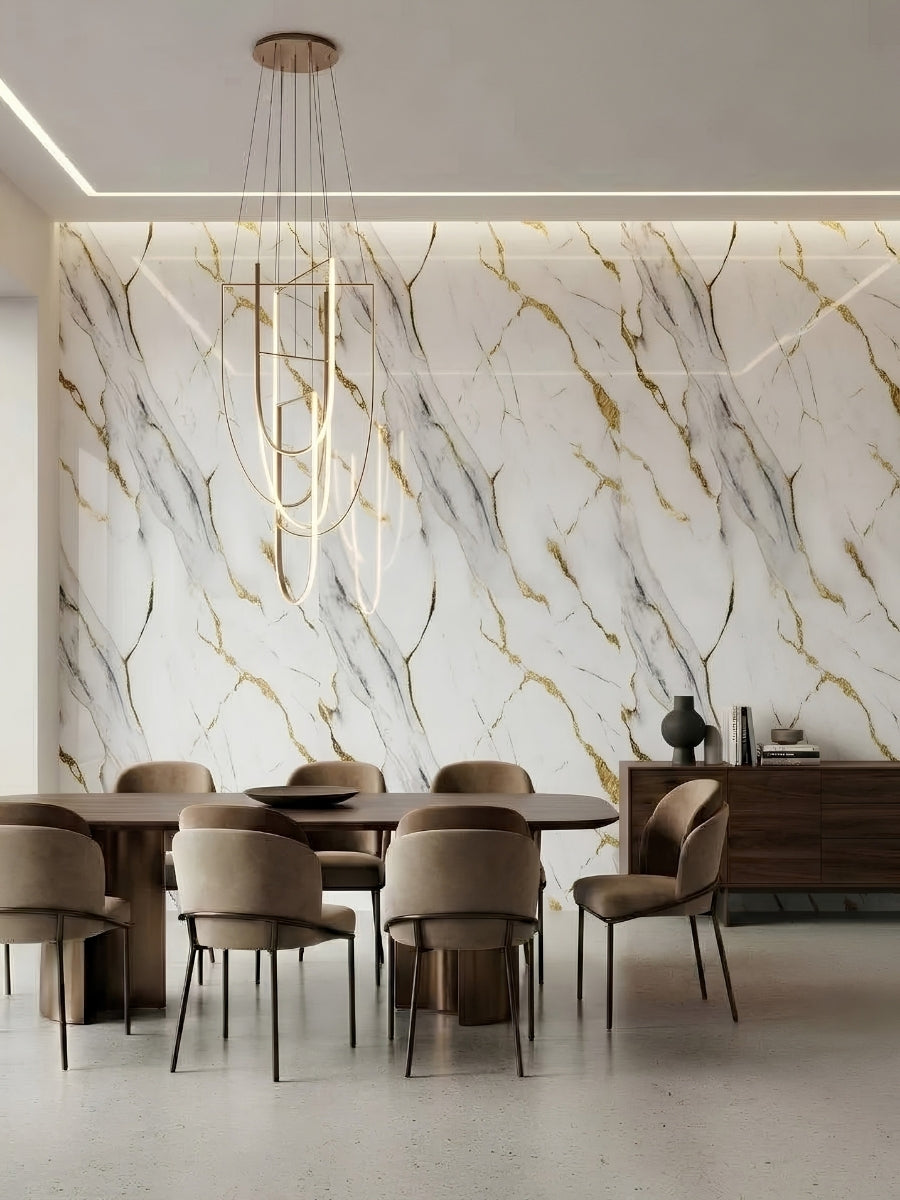 Dining room feature wall finished with white, gray, and gold-veined PVC panels