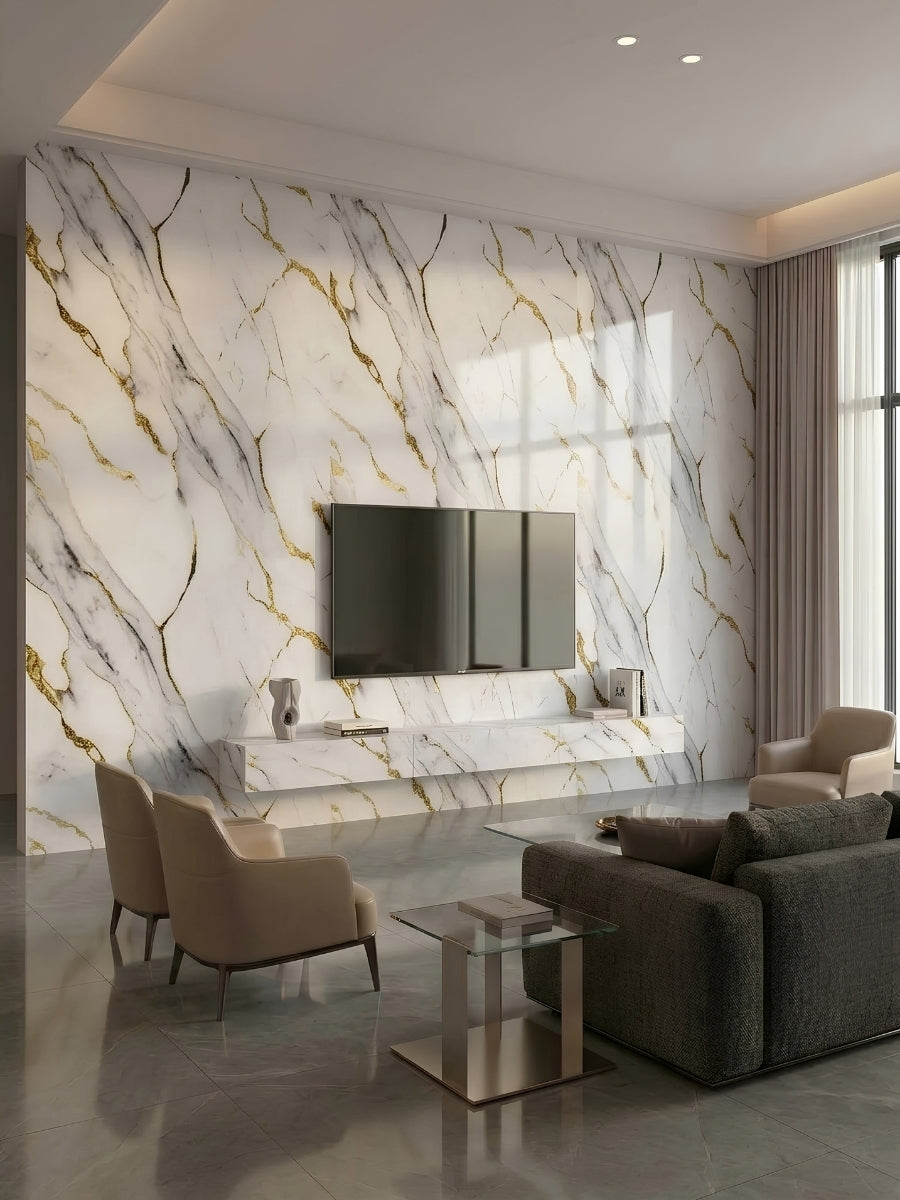 Luxe Gold Vein PVC wall panels installed behind a TV in a modern living room