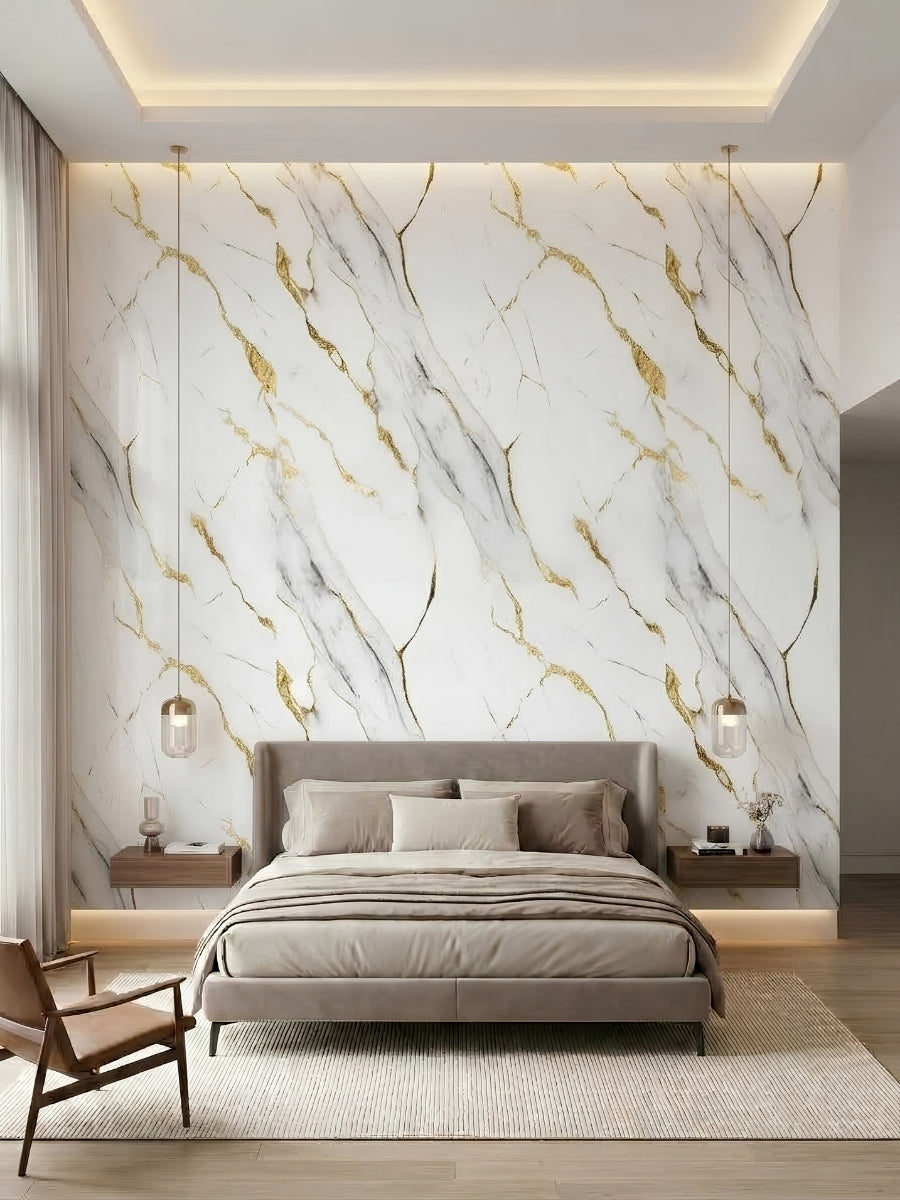 Bedroom accent wall clad in white marble-look PVC panels with gray and gold veining