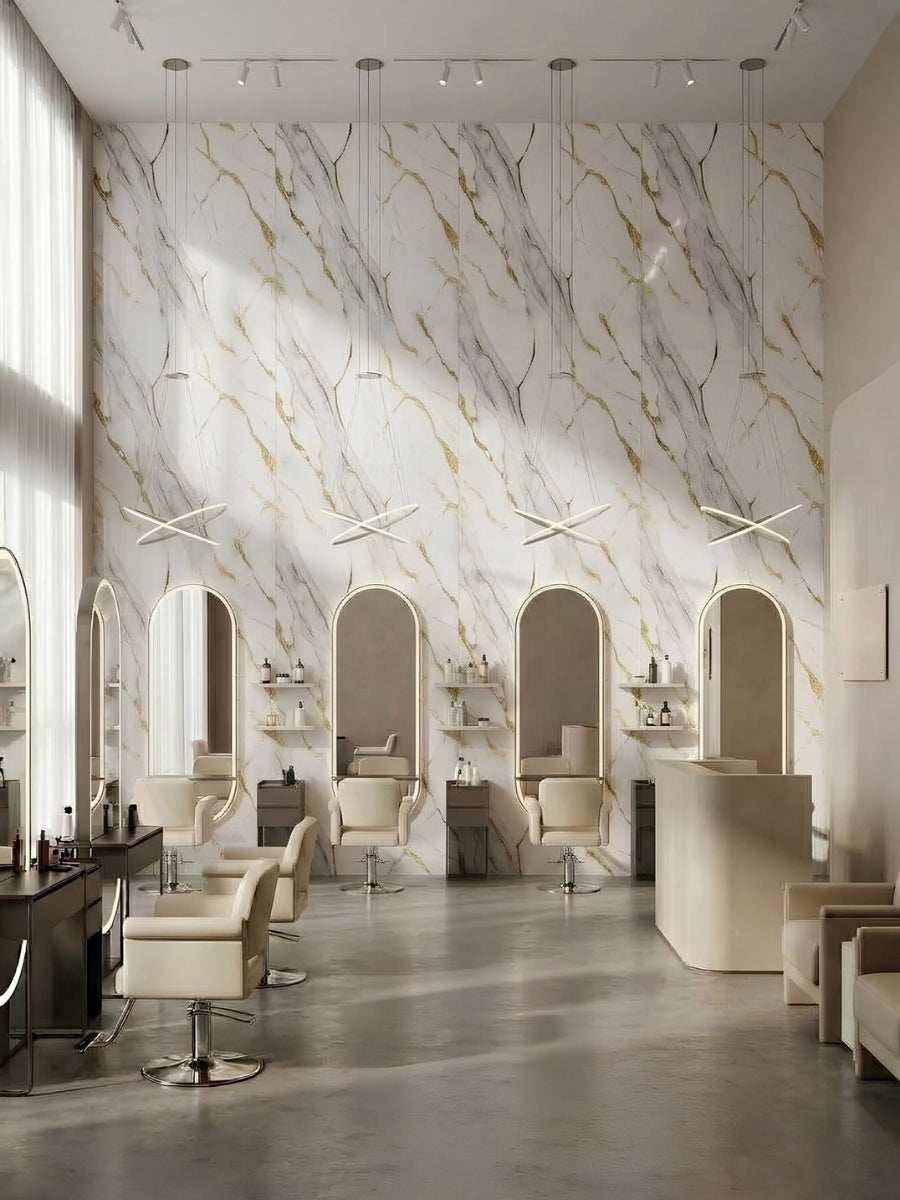 Salon interior featuring Luxe Gold Vein PVC wall panels behind mirrors and styling chairs
