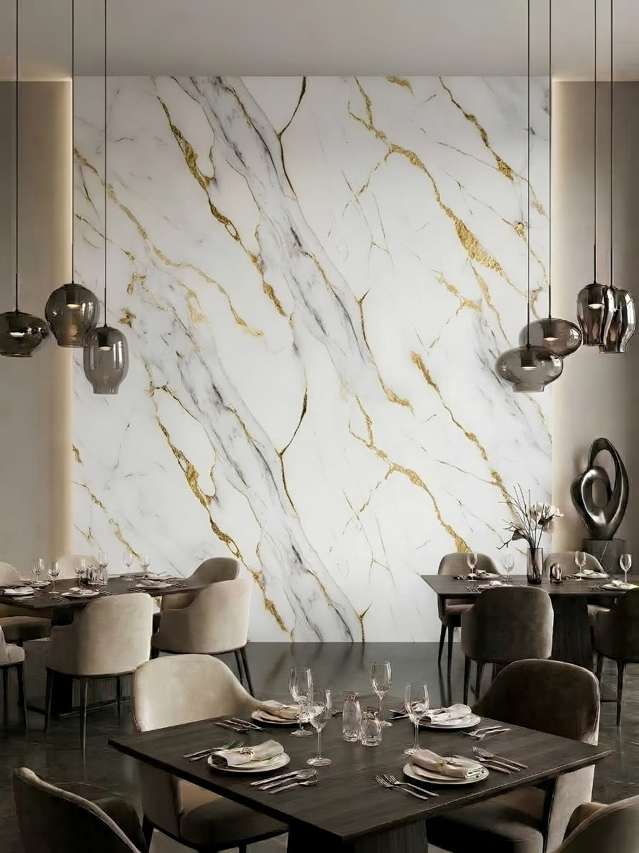 Restaurant dining area with a large white marble-look wall accented by gray and gold veins