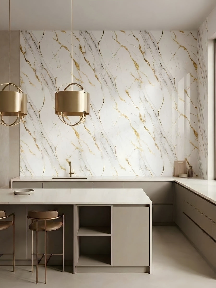 Modern kitchen backsplash wall finished with Luxe Gold Vein PVC panels