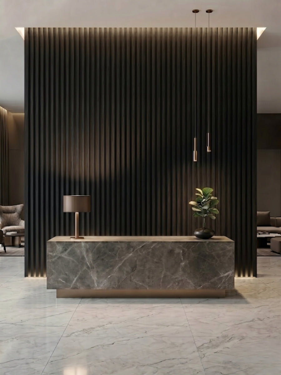 Luxe Noir WPC Fluted 3D Wall Panels for Reception Counter Design