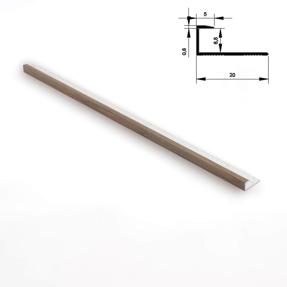 Full-length medium brown 6.3mm aluminum end cap trim with profile diagram