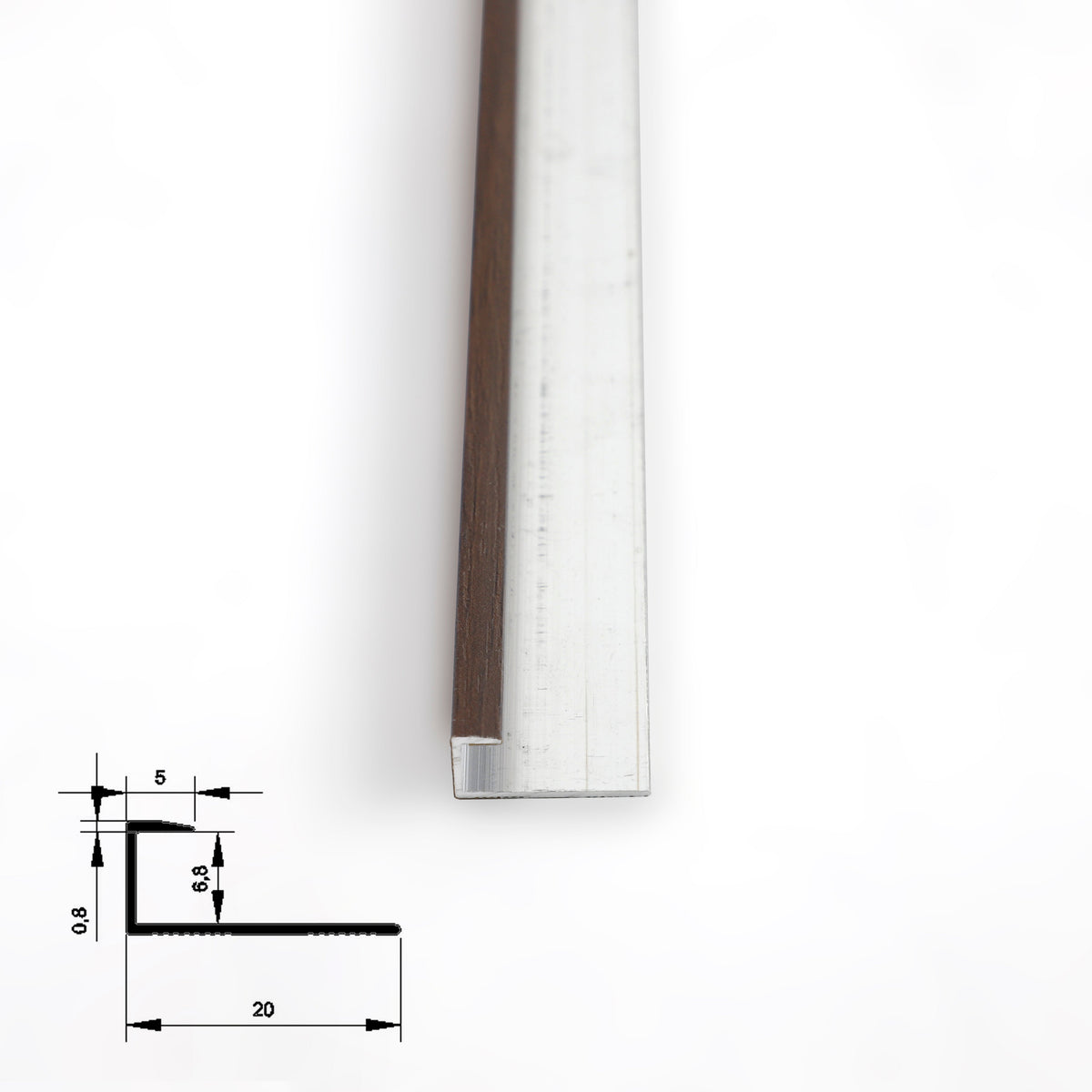 End view of dark brown 6.3mm aluminum wall panel trim showing the silver profile