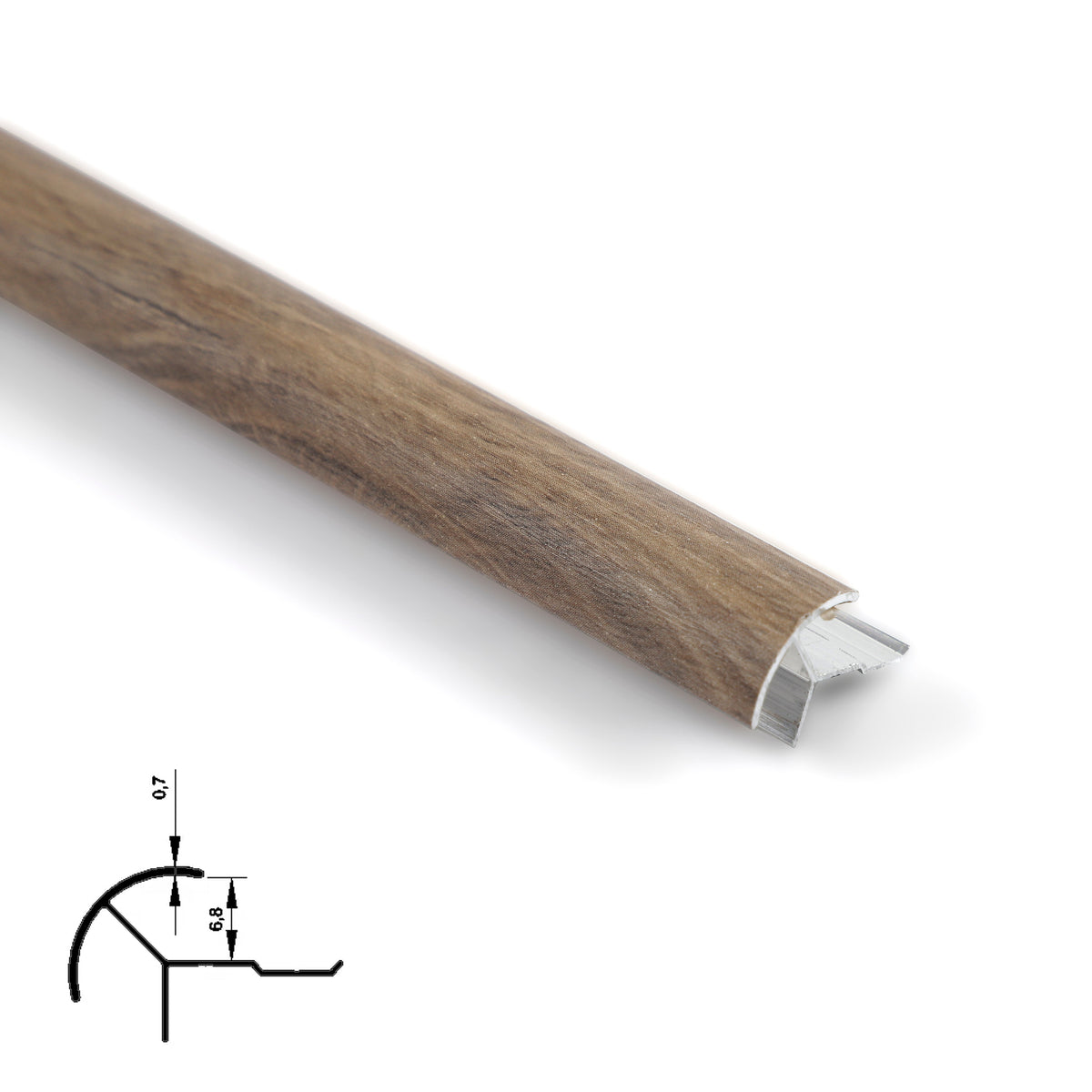 Weathered brown wood-look aluminum outside corner trim with visible grain and profile dimensions