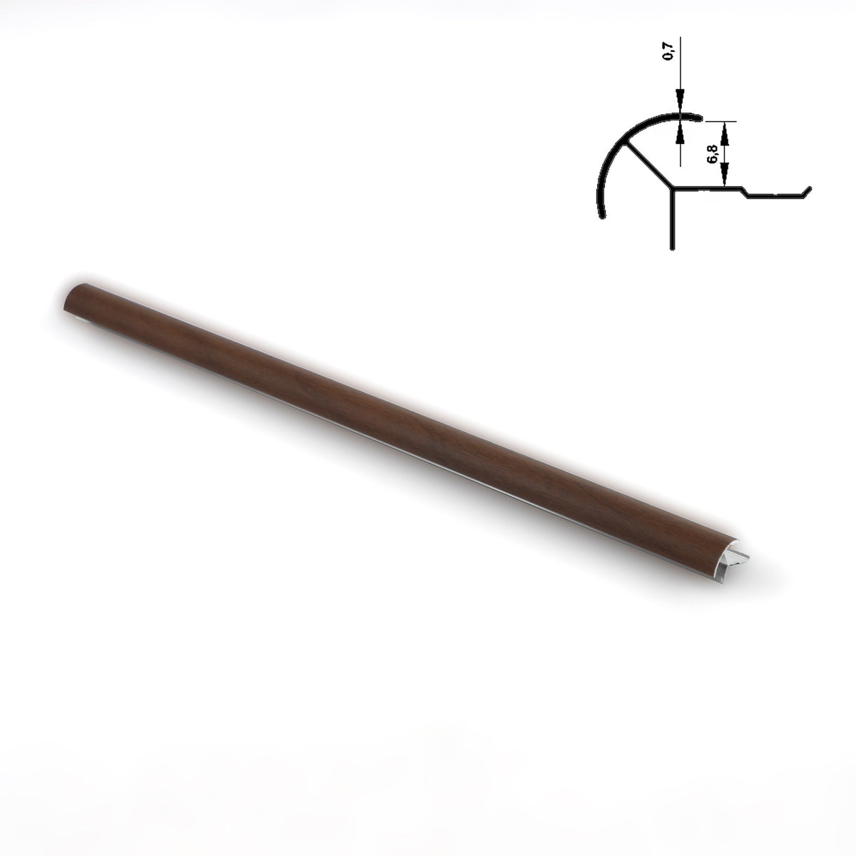 Full-length dark brown aluminum outside corner trim with cross-section diagram