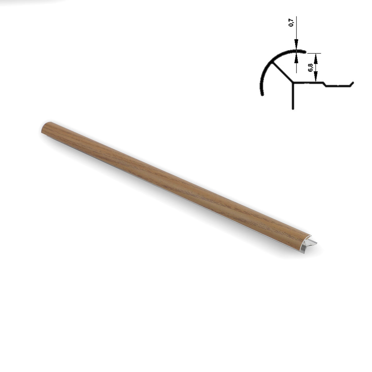 Full-length light oak-look aluminum outside corner trim with cross-section diagram