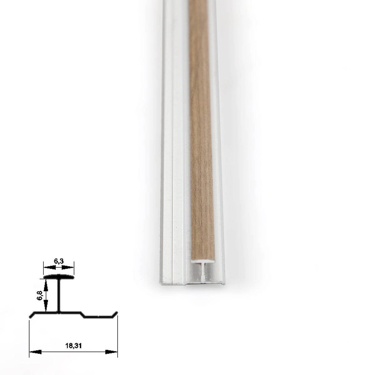Front end view of medium wood-look aluminum H-joint trim with profile measurements