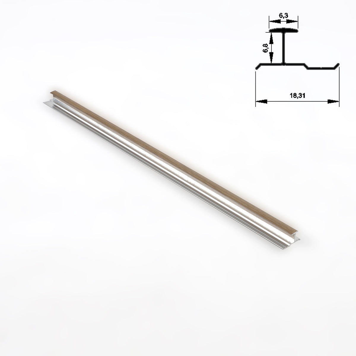 Full-length medium wood-look 6.3mm aluminum H-joint trim with dimensional profile diagram