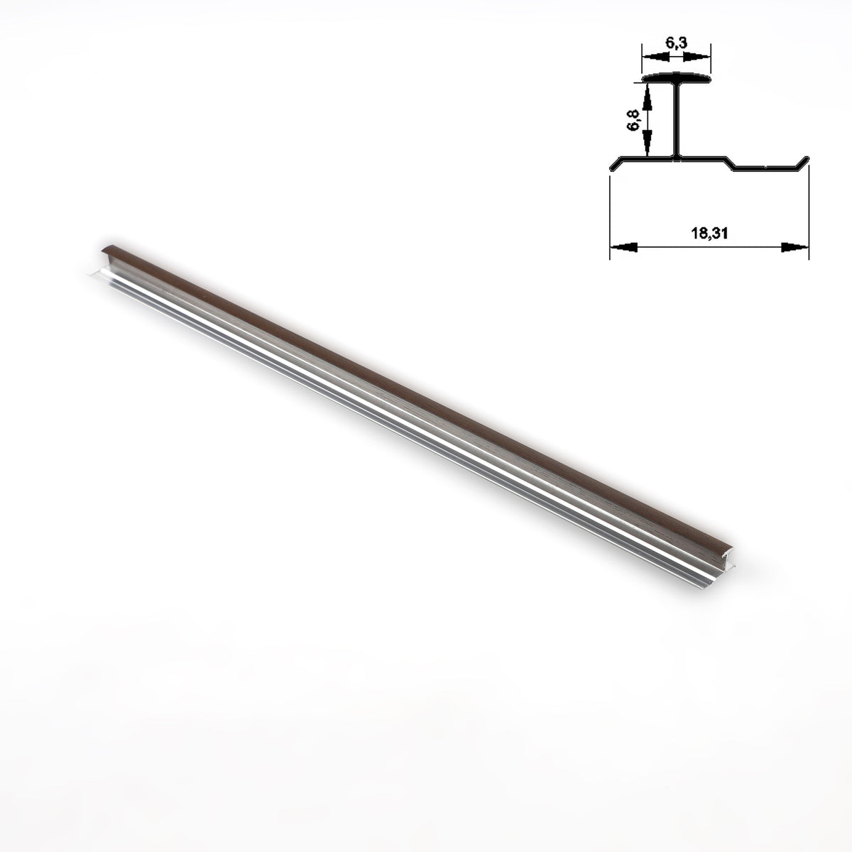 Full-length dark brown aluminum H-joint connection trim with dimensional profile diagram