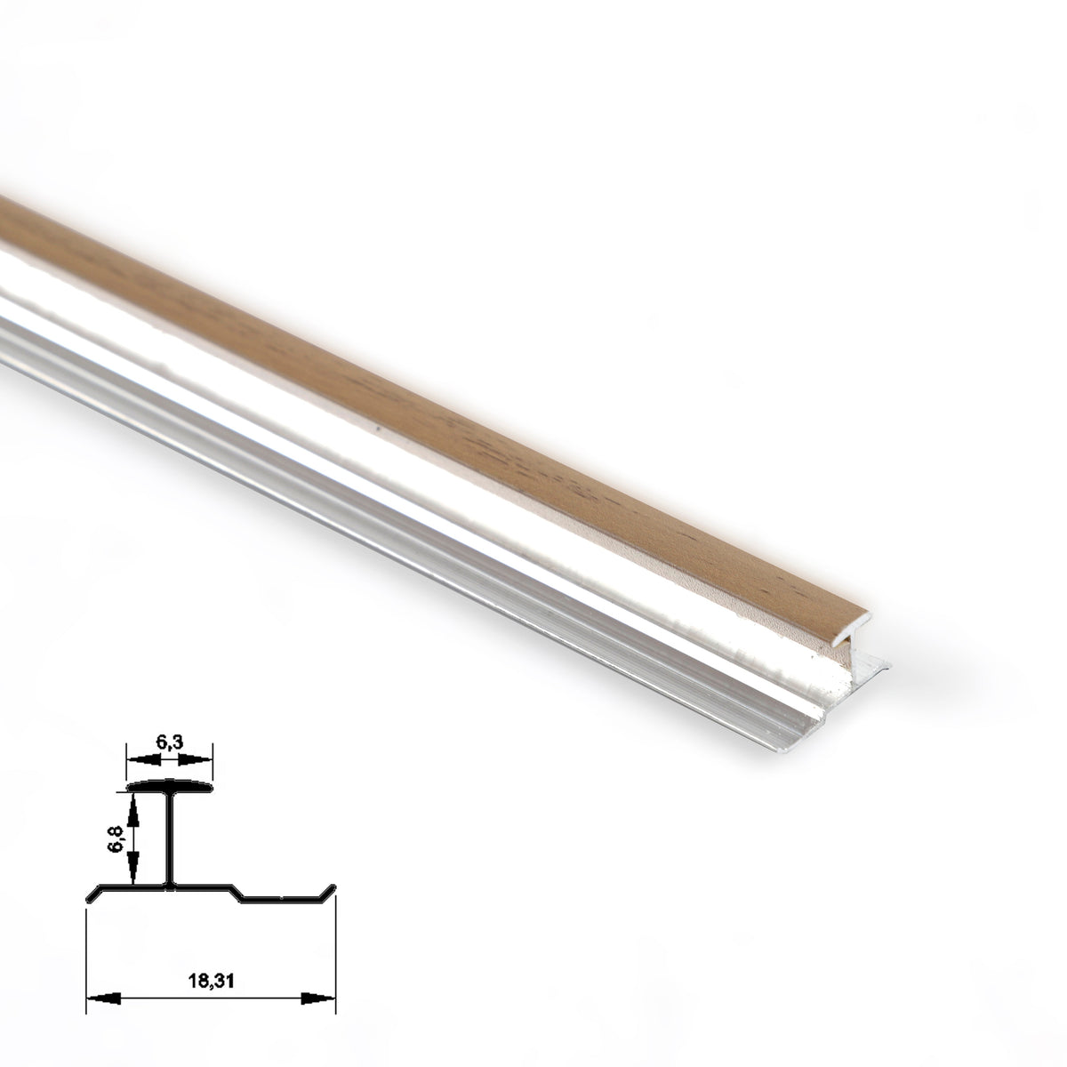 Light wood-look aluminum H-joint trim in angled close-up with profile measurements
