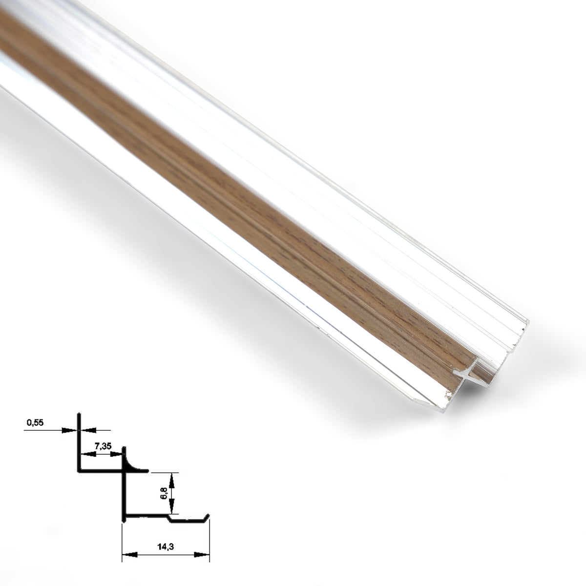 Close-up of aluminum inside corner trim with a warm medium-brown wood-grain matching color
