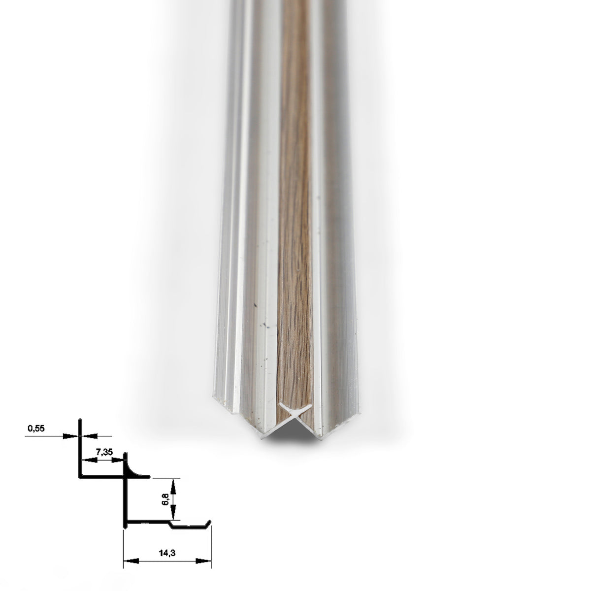 End view of muted brown matching-color aluminum corner trim showing its angled inner channel