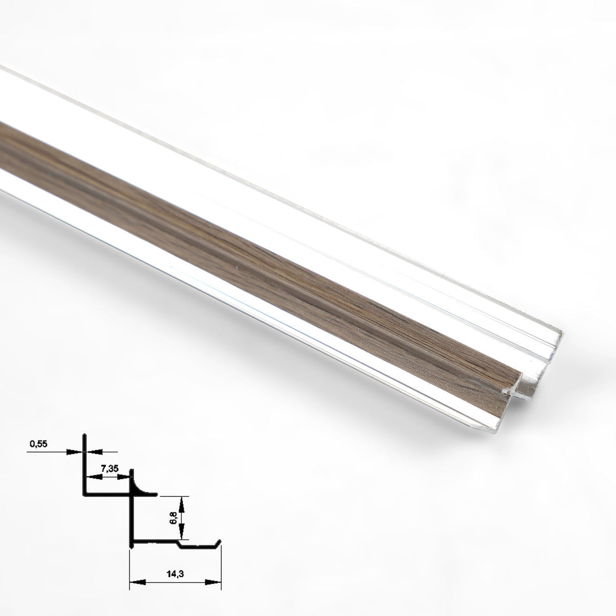 Close-up of silver aluminum inside corner trim with a muted brown wood-grain center