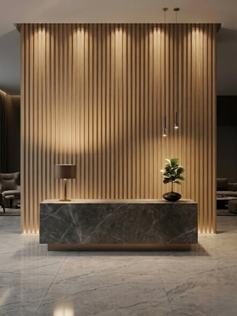 Elegant lobby wall finished with maple slate 3D fluted panels