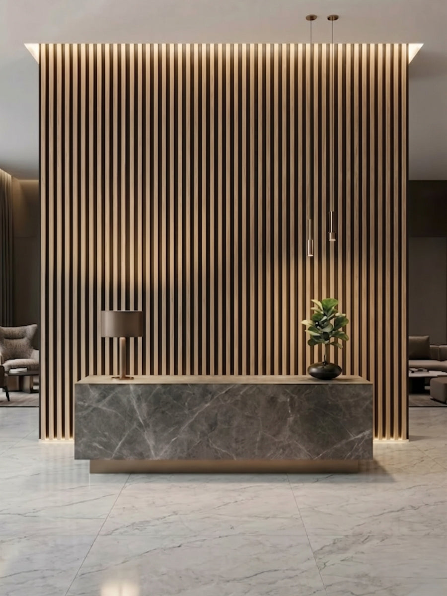 Black fluted wall panels for elegant lobby and reception wall décor