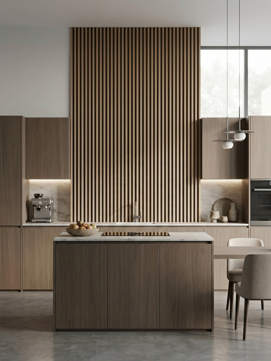 Contemporary kitchen wall design with black WPC fluted panels