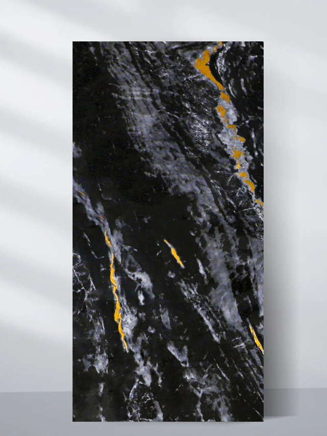 Dark black PVC marble sheet sample with textured gray streaks and gold accents