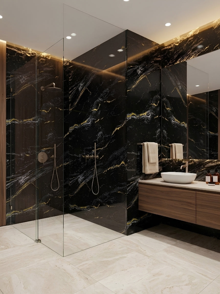 Midnight Gold Marble PVC wall panels installed around a modern glass-enclosed shower and bathroom vanity