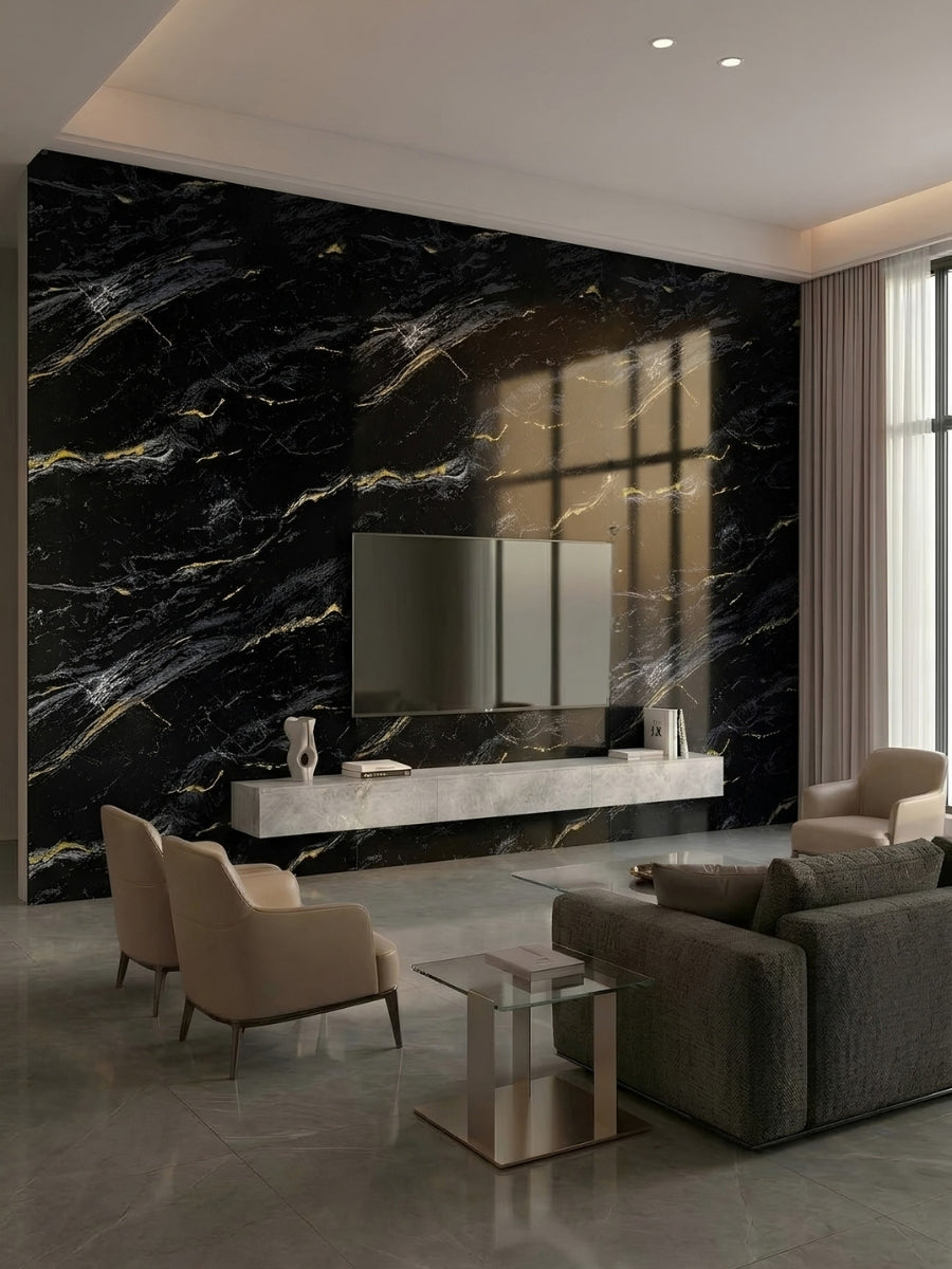 Midnight Gold Marble PVC wall panels installed as a black and gold TV accent wall in a modern living room