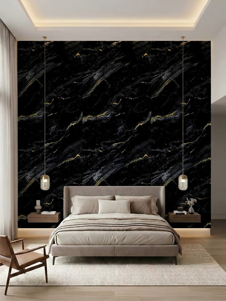 Bedroom feature wall finished with Midnight Gold Marble PVC panels behind a neutral upholstered bed