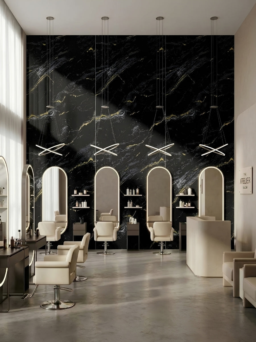 Midnight Gold Marble PVC wall panels creating a black and gold accent wall in a contemporary hair salon