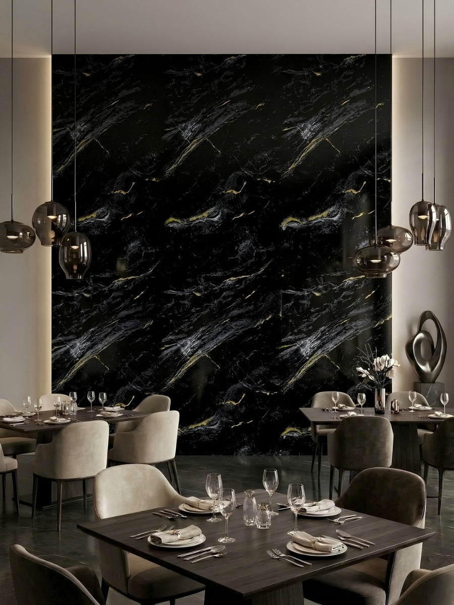 Midnight Gold Marble PVC wall panel displayed as a dramatic black and gold feature wall in a modern restaurant