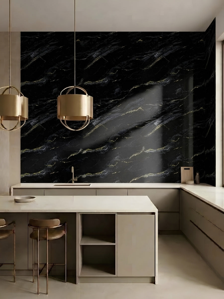 Contemporary kitchen with Midnight Gold Marble PVC panels forming a black and gold backsplash and feature wall