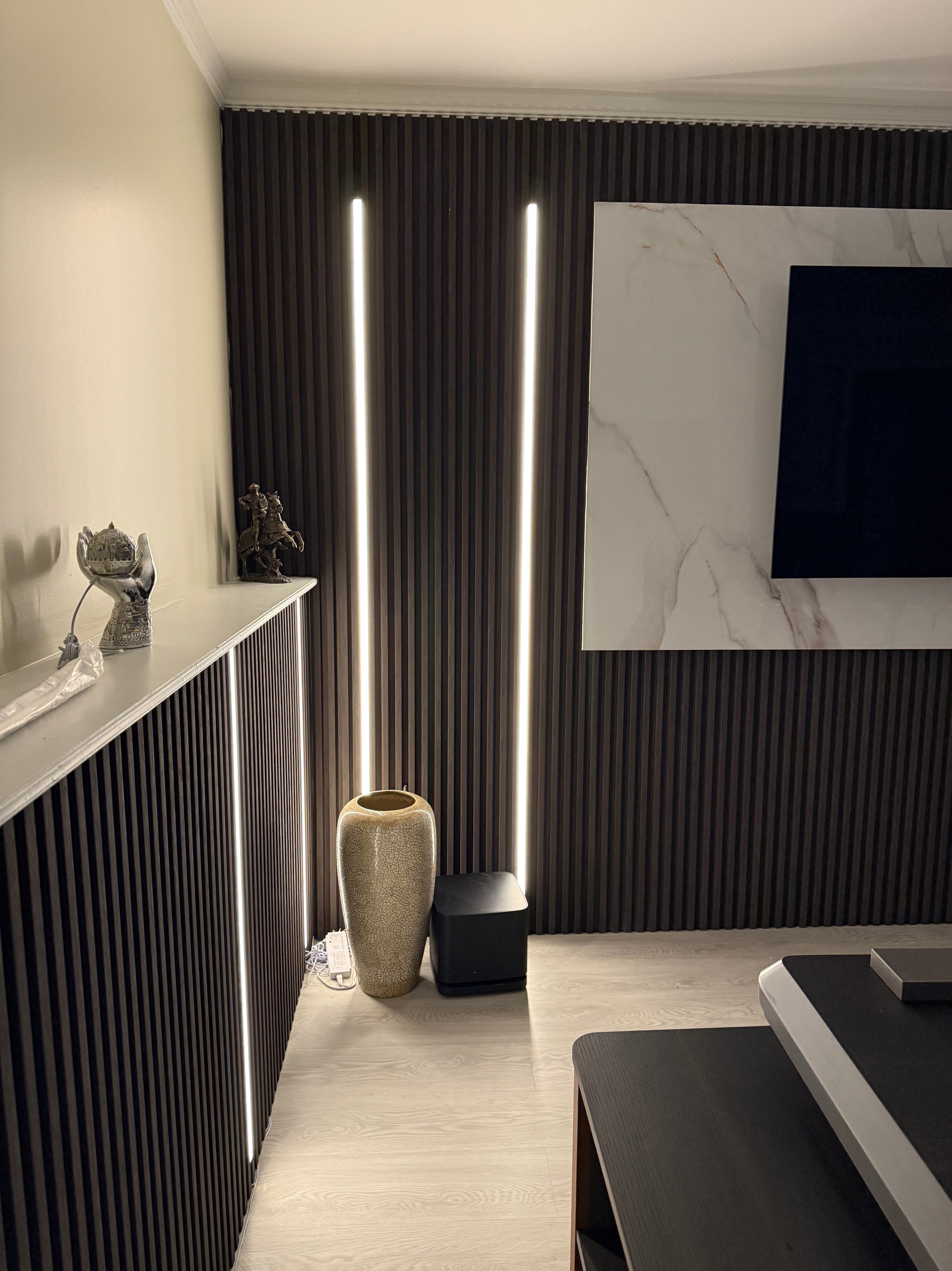 Modern design interior with black wall panels and led lights