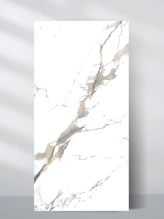 Moonlit Vein Marble PVC wall panel with a white surface and sweeping gray and taupe veining, shown in a 4 x 8 ft sheet