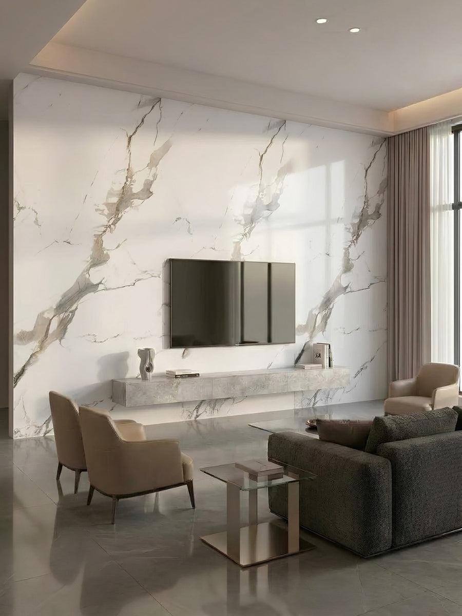 Contemporary living room with Moonlit Vein PVC wall panels installed behind a wall-mounted television and console