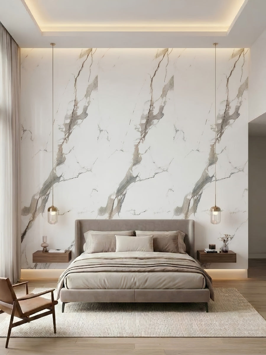 Bedroom feature wall clad in Moonlit Vein marble-look PVC panels with vertically flowing gray and taupe veins
