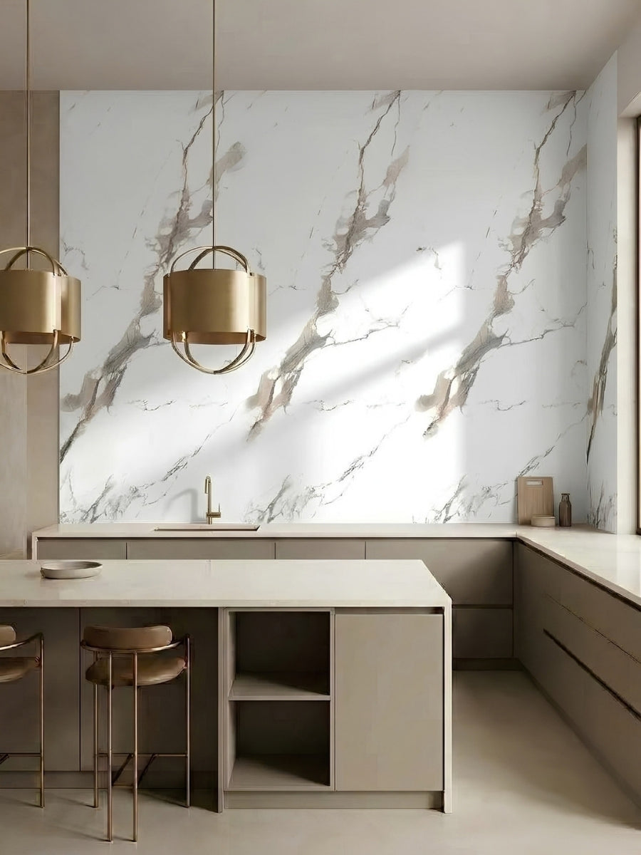 Modern kitchen with Moonlit Vein marble-look PVC wall panels above taupe cabinets and white countertops