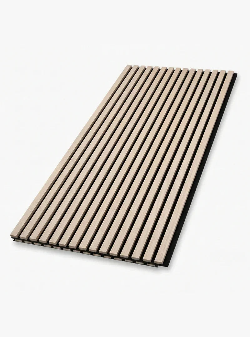 Wood Slat Acoustic Panels Sample Box panel in a pale beige wood finish with black backing
