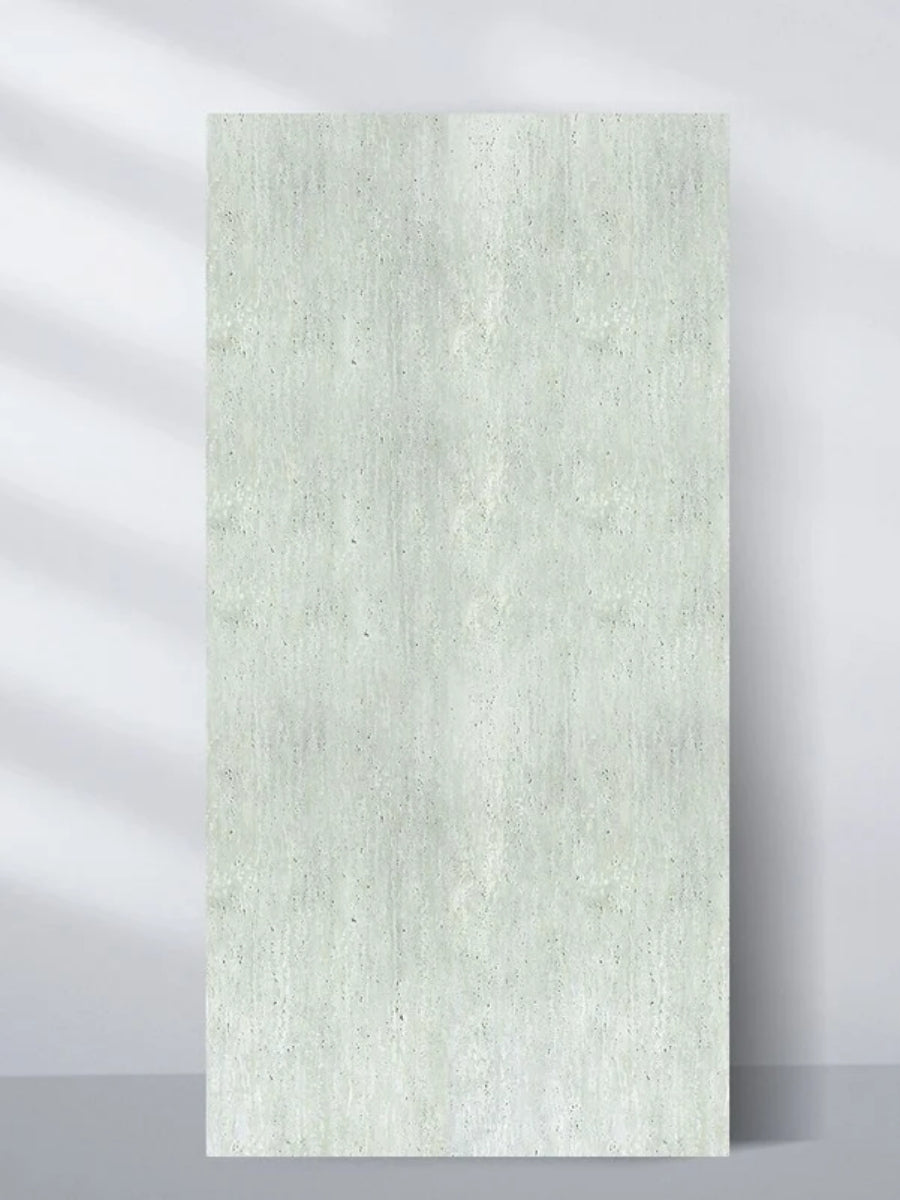 Upright pale green travertine-look PVC sheet with a rough stone texture