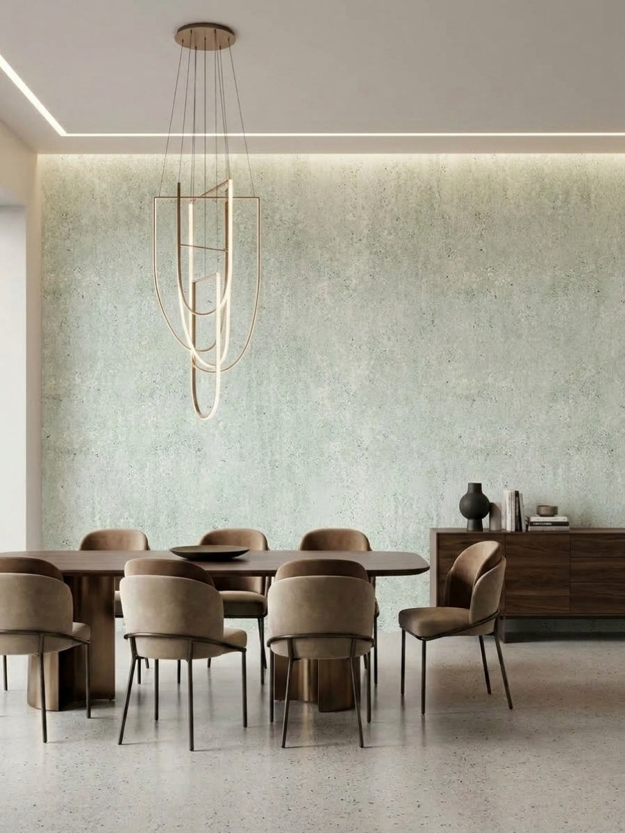 Pale green rough-textured travertine-look PVC feature wall in a modern dining room