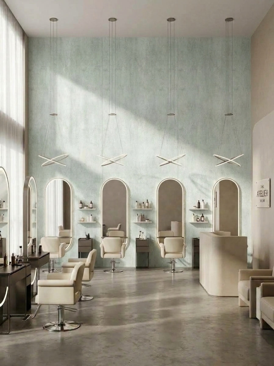 Pale green rough-textured travertine-look PVC panels on a bright salon feature wall