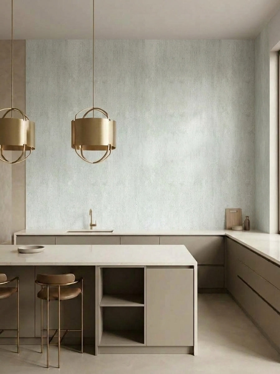 Pale green travertine-look PVC wall panels installed in a minimalist modern kitchen