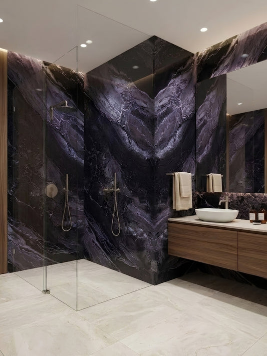 Noir Vein Marble PVC wall panels installed across a modern bathroom shower and vanity wall