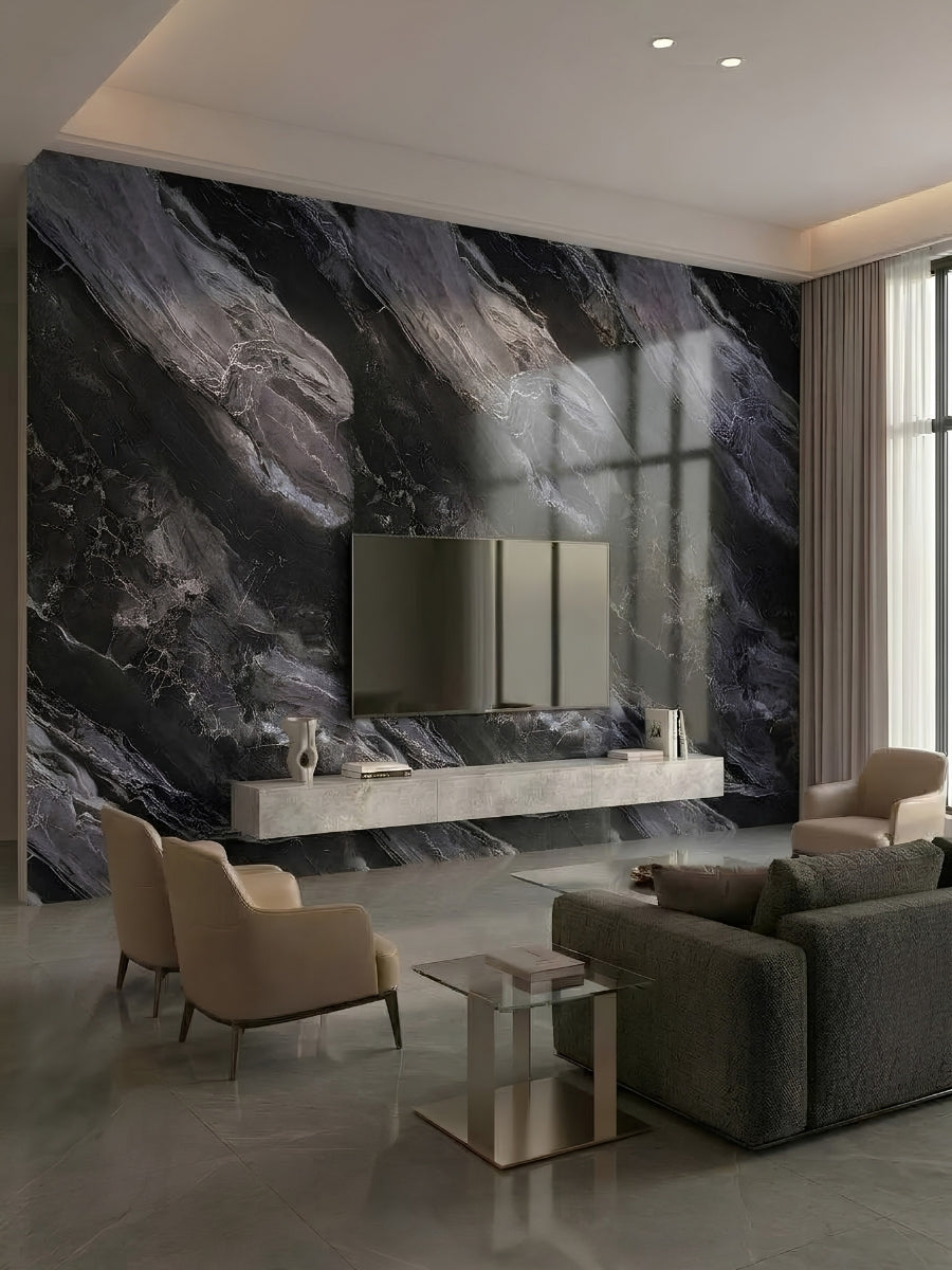 Noir Vein Marble PVC wall panels installed as a large living room media wall with black and gray veining