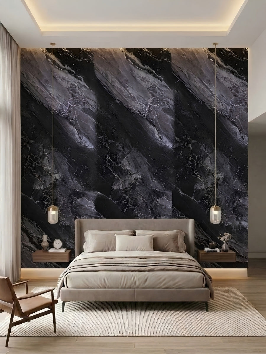 Modern bedroom with a floor-to-ceiling Noir Vein Marble PVC panel accent wall behind the bed